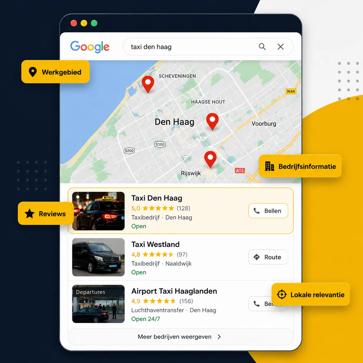 Kaart met verschillende taxibedrijven rondom Den Haag